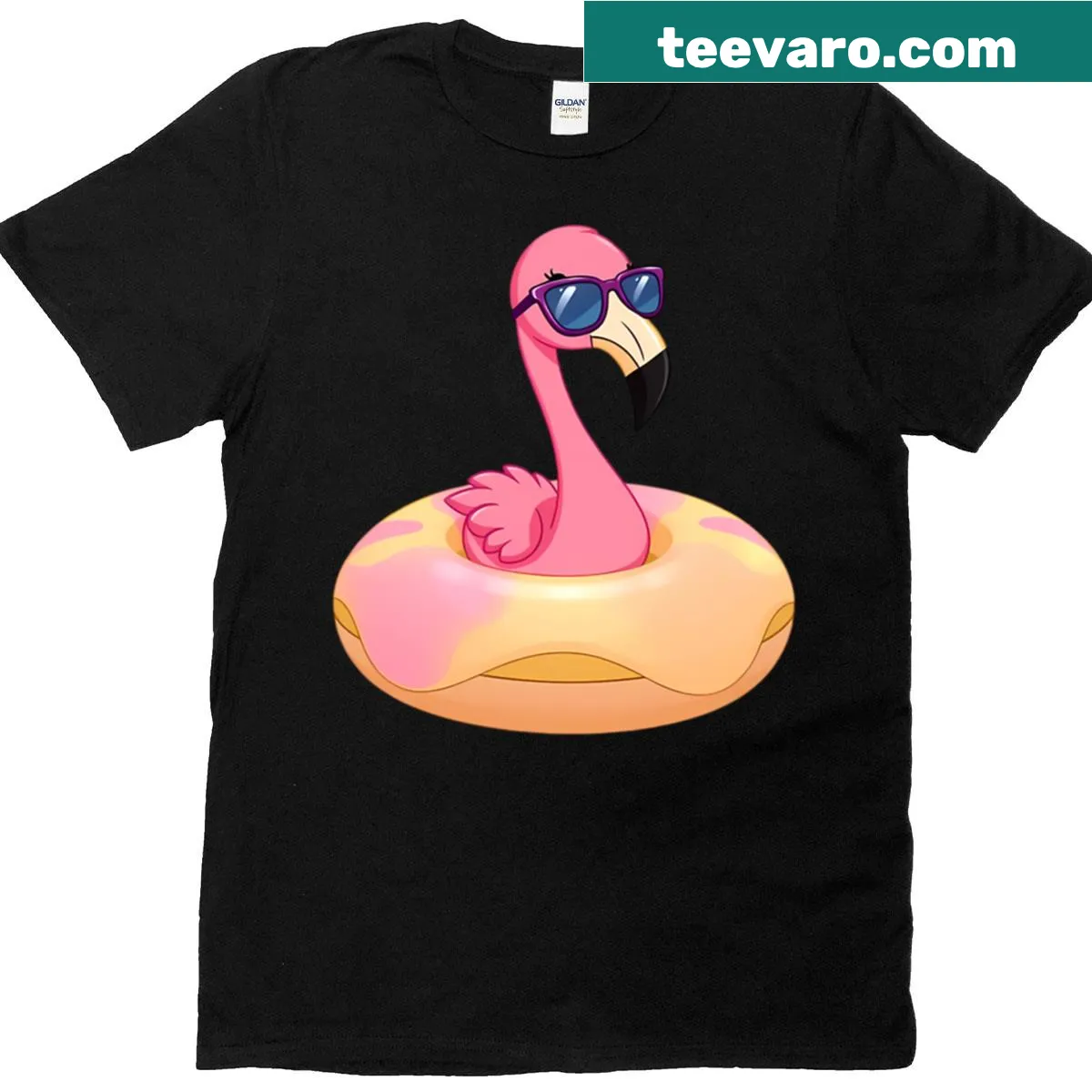 Flamingo in donut float graphic tee — on a men's t-shirt