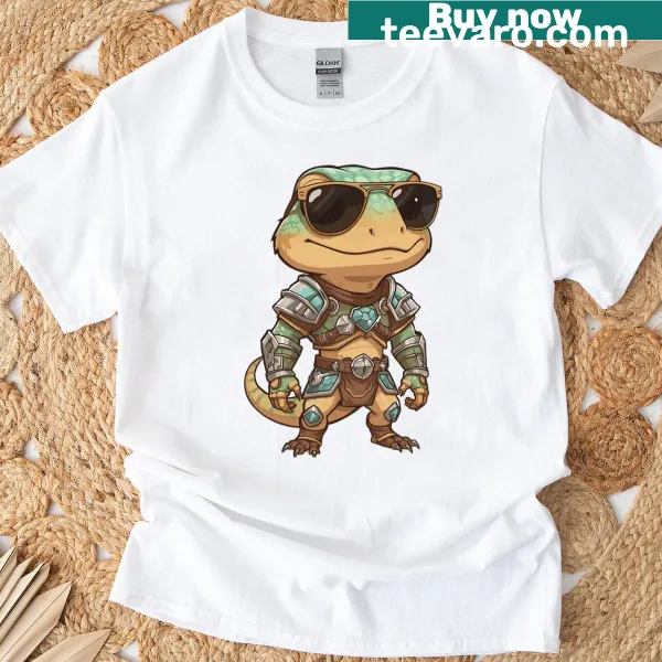 Cartoon lizard warrior in sunglasses and armor design