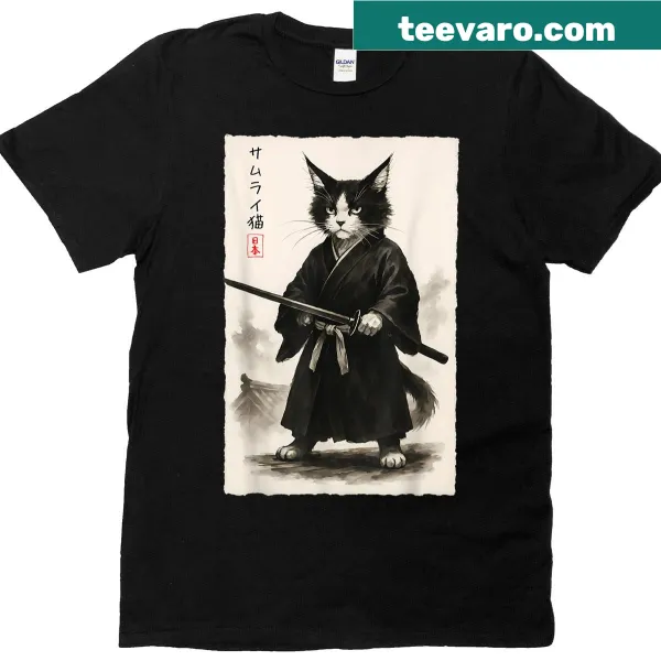 Graphic tee of samurai cats in Ukiyo-e style