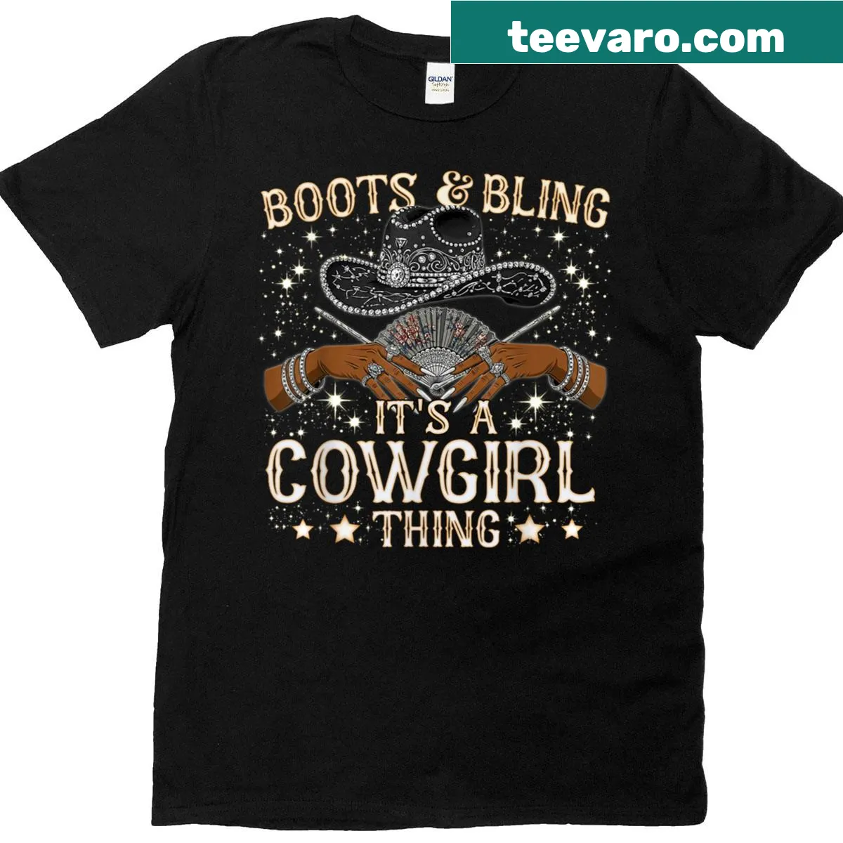 Cowgirl boots graphic on T-shirt with bling design — on a men's t-shirt