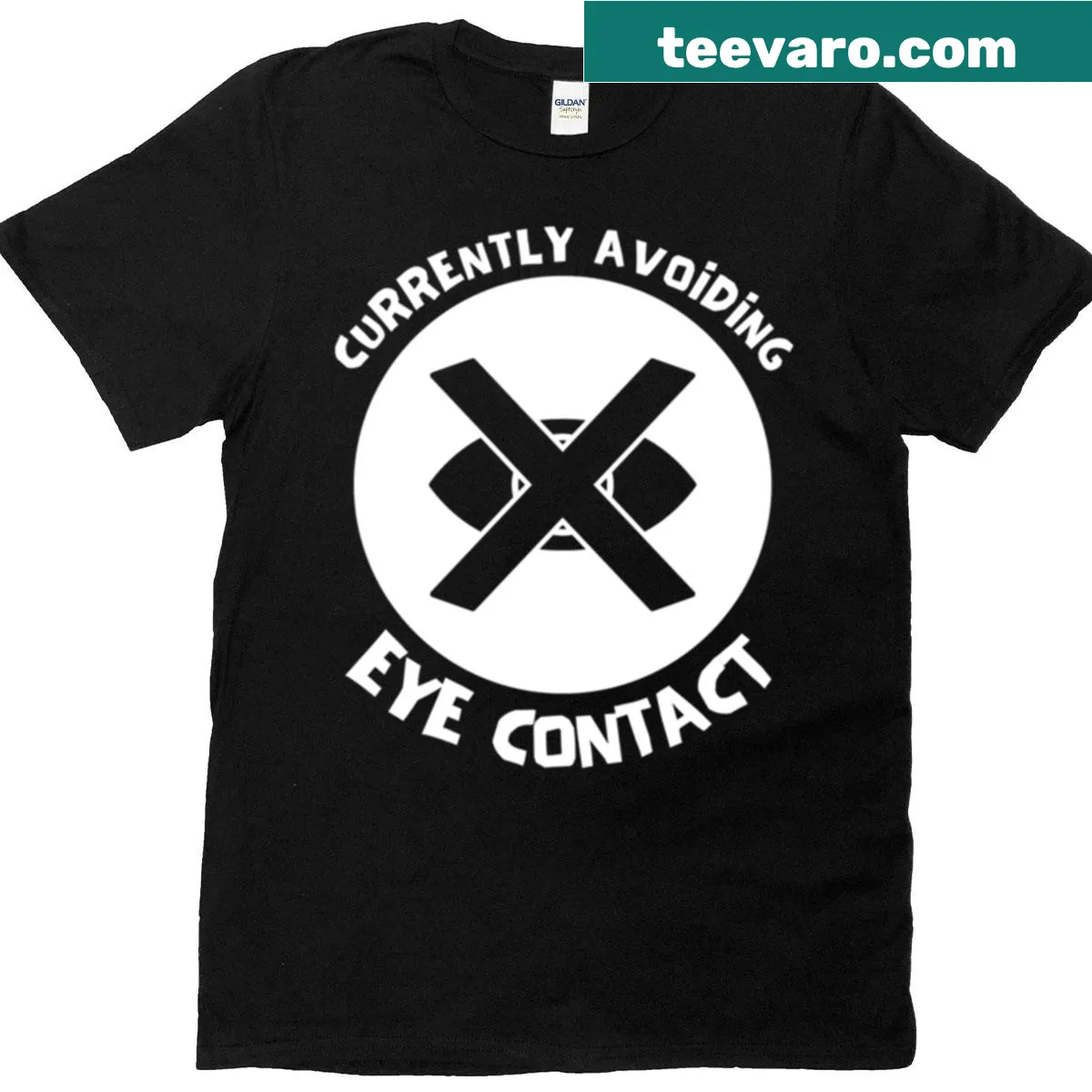 T-shirt with sarcastic phrase about avoiding eye contact — on a men's t-shirt