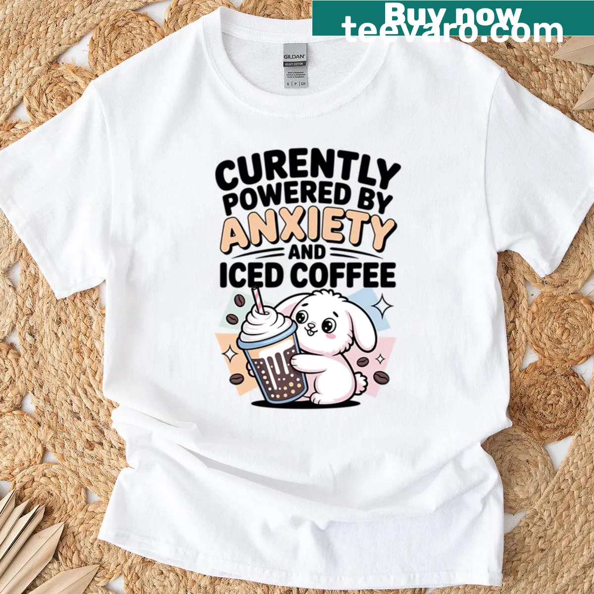 Chibi bunny t-shirt with humorous text about anxiety and coffee — on a men's t-shirt
