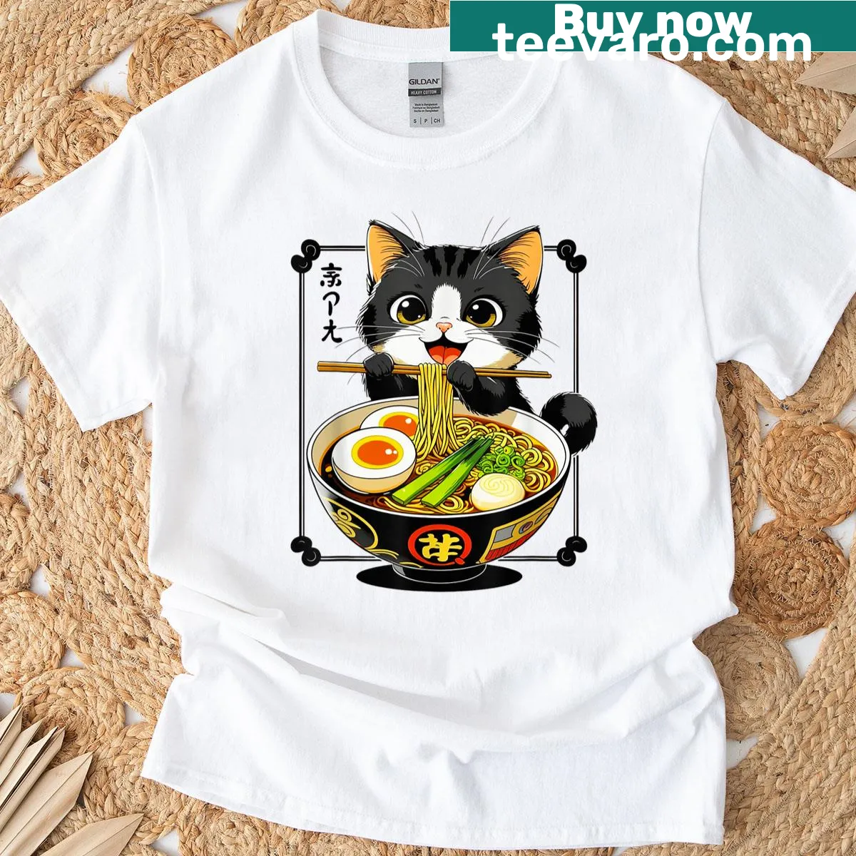 Illustration of a cute black cat eating ramen noodles on a T-shirt — on a men's t-shirt