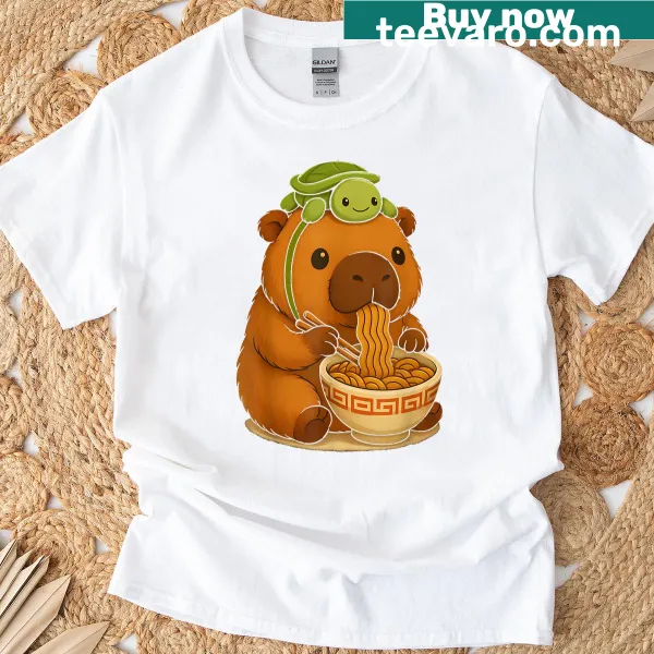 Cute T-shirt with capybara and turtle eating ramen in kawaii style