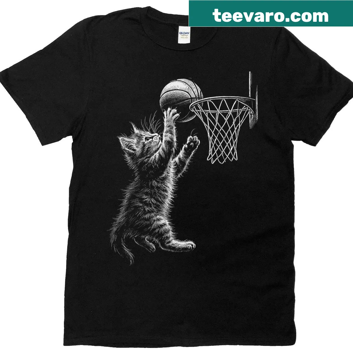 Funny cat playing basketball graphic T-shirt. — on a men's t-shirt
