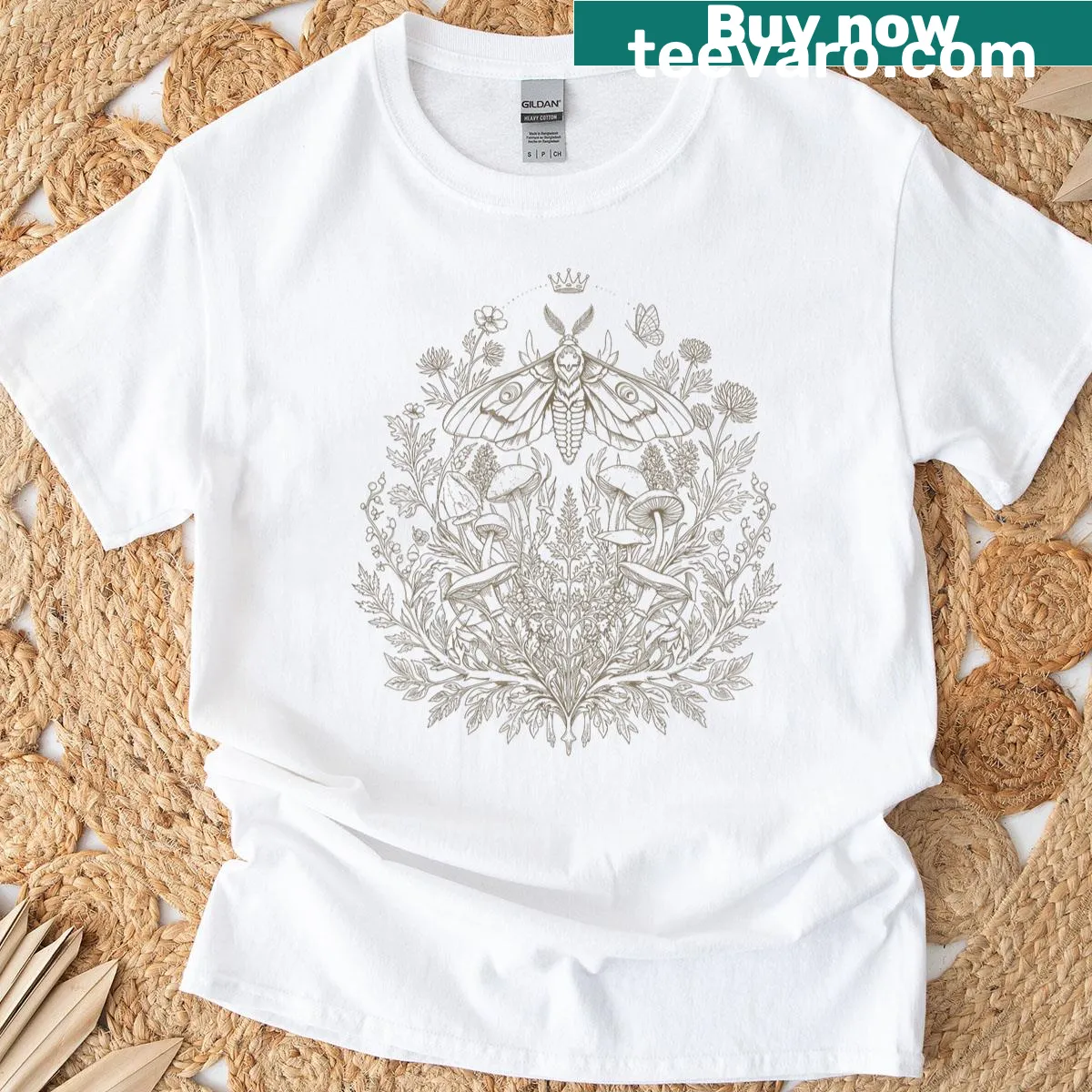 Floral and moth illustration on a cute fairycore aesthetic t-shirt — on a men's t-shirt