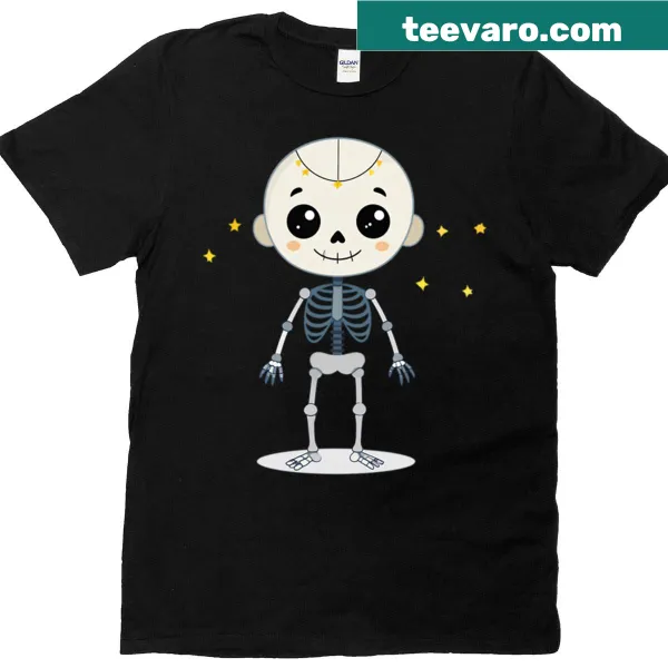 Cute cartoon skeleton with sparkling eyes on Halloween T-shirt