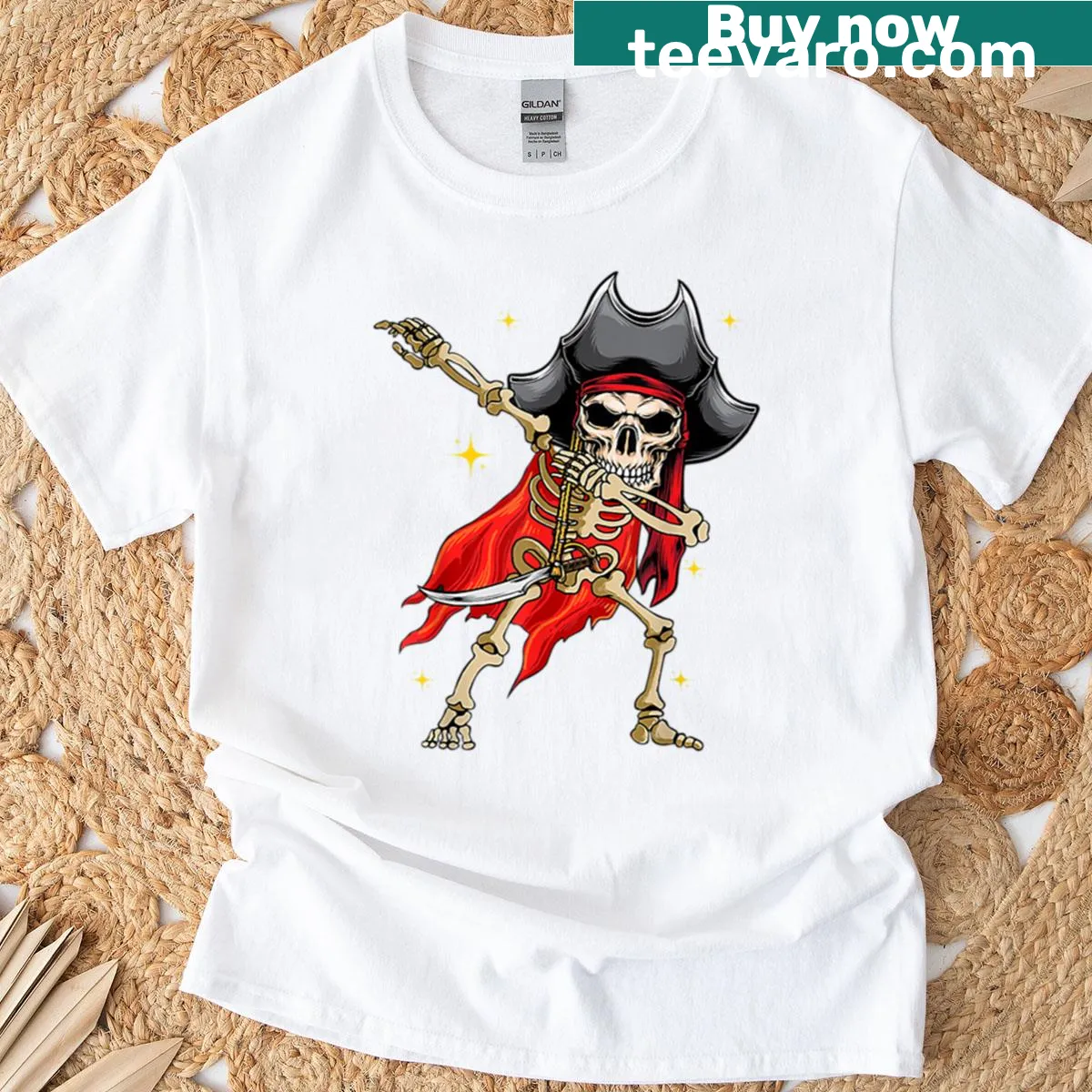 Oversized T-shirt featuring a dabbing skeleton pirate design — on a men's t-shirt