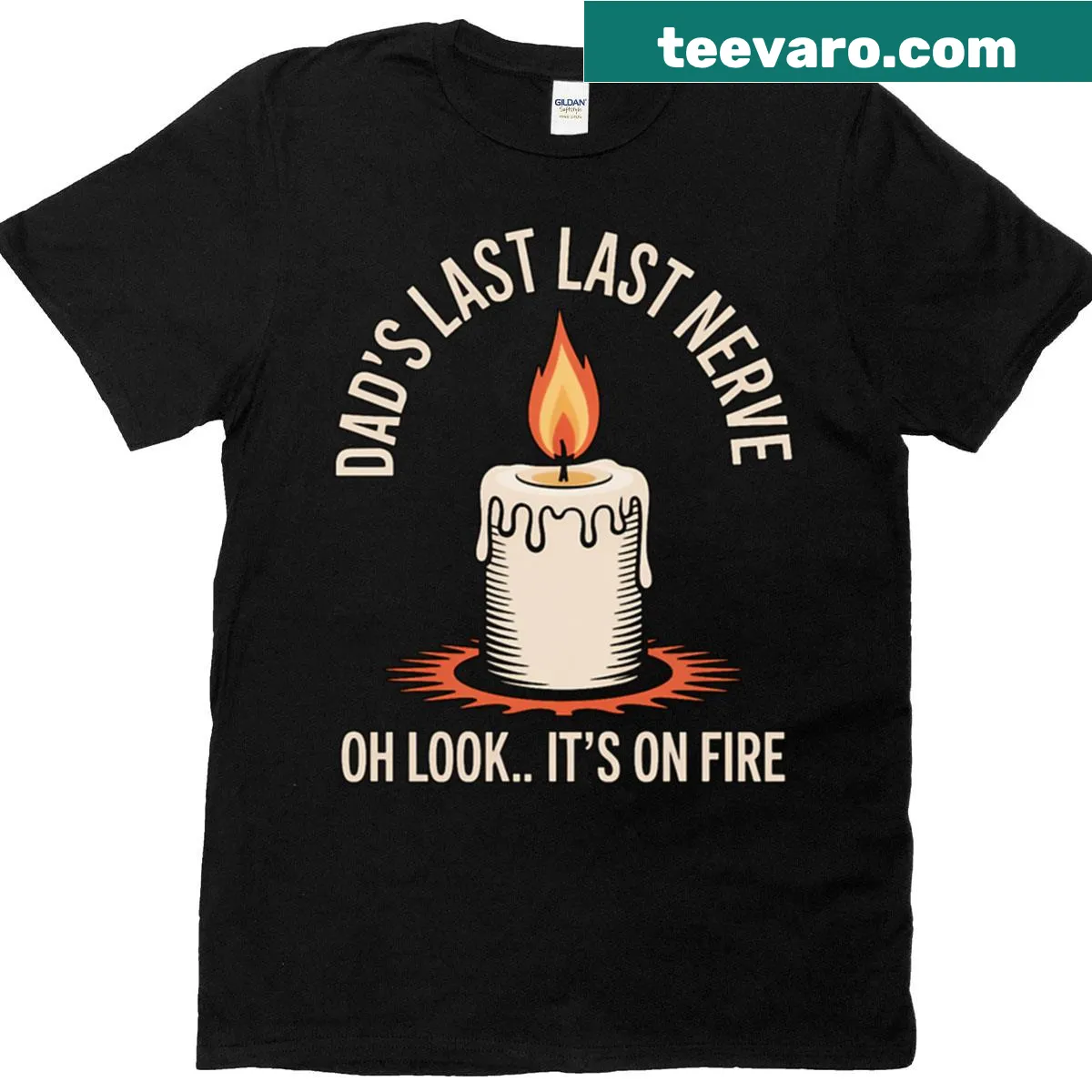 Funny t-shirt with candle illustration saying 'Dad's Last Nerve' — on a men's t-shirt