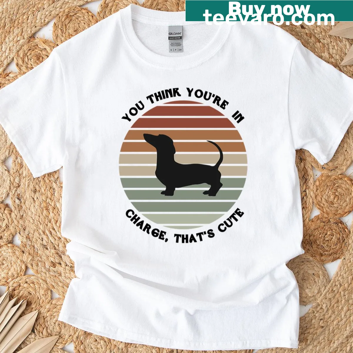 Funny T-shirt with text about dachshunds thinking they are in charge — on a men's t-shirt