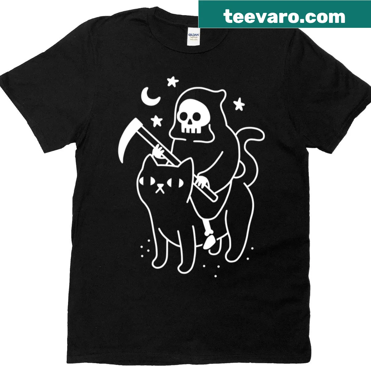 Whimsical t-shirt depicting death riding a black cat — on a men's t-shirt