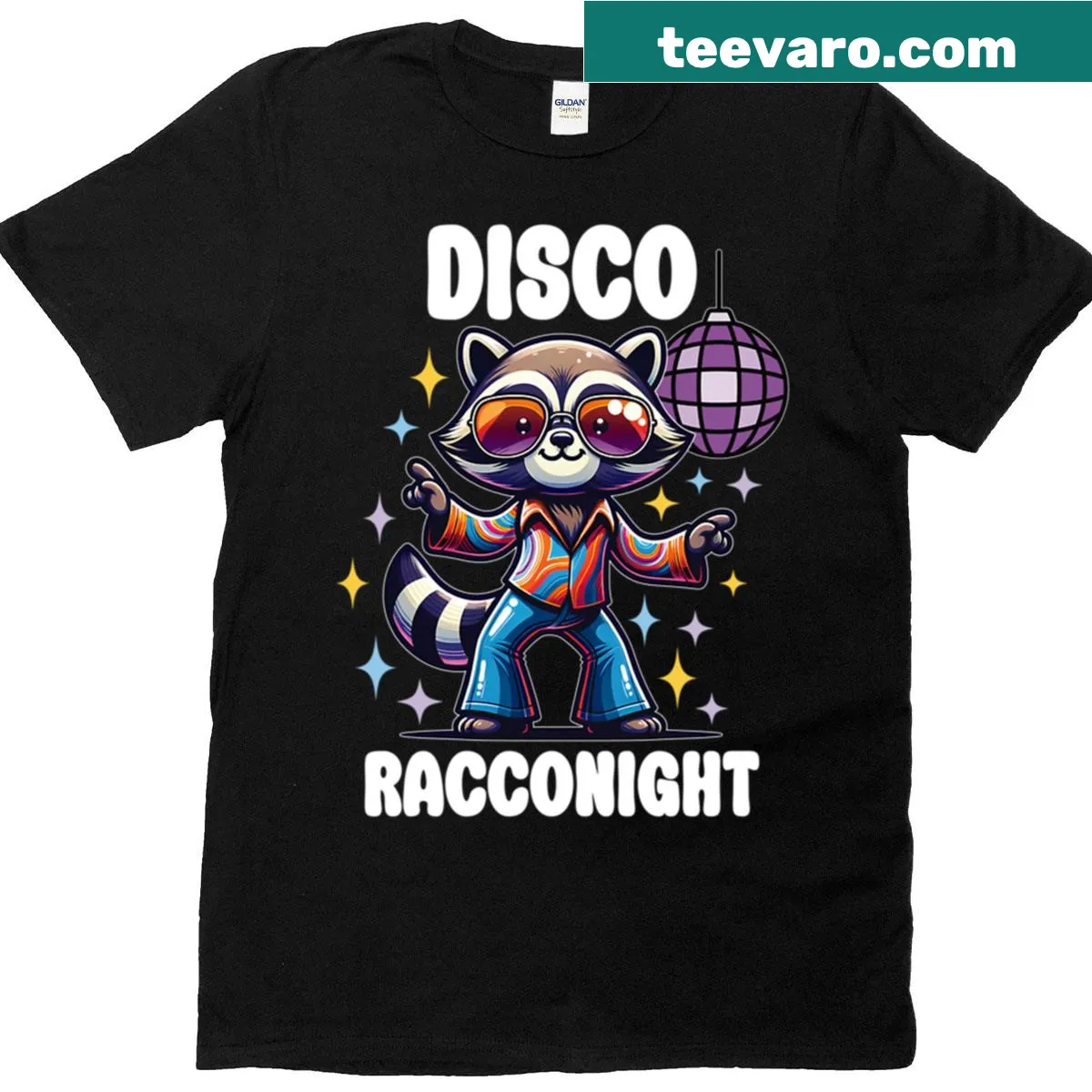 Playful disco raccoon t-shirt with cartoon design — on a men's t-shirt