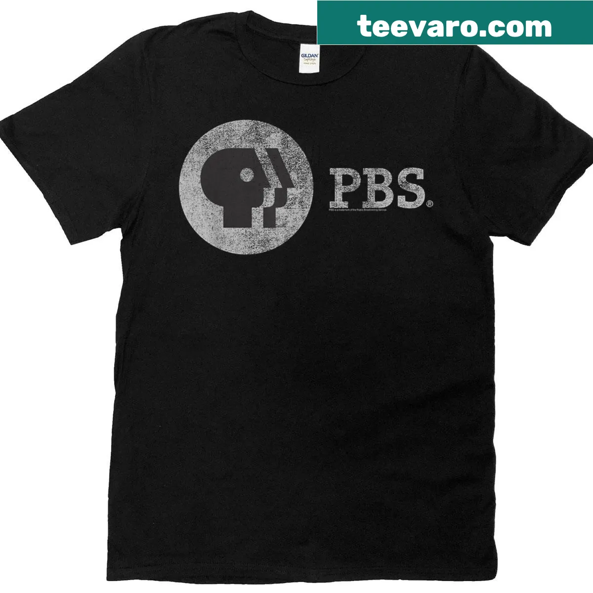 Distressed vintage logo t-shirt for public broadcasting service — on a men's t-shirt
