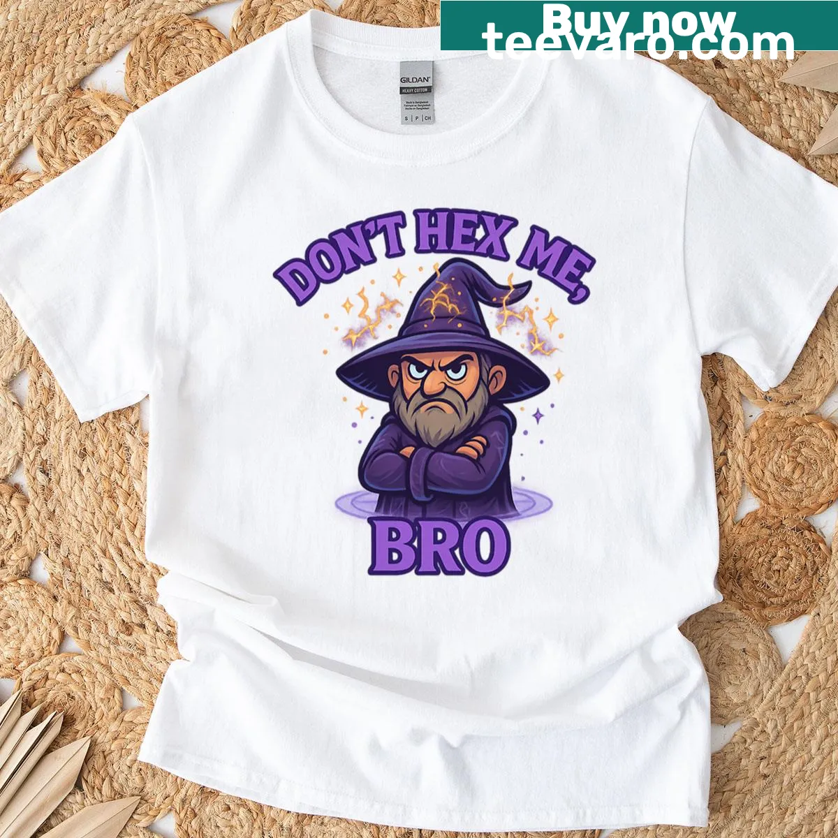 Funny oversized t-shirt with cartoon wizard and humorous phrase — on a men's t-shirt