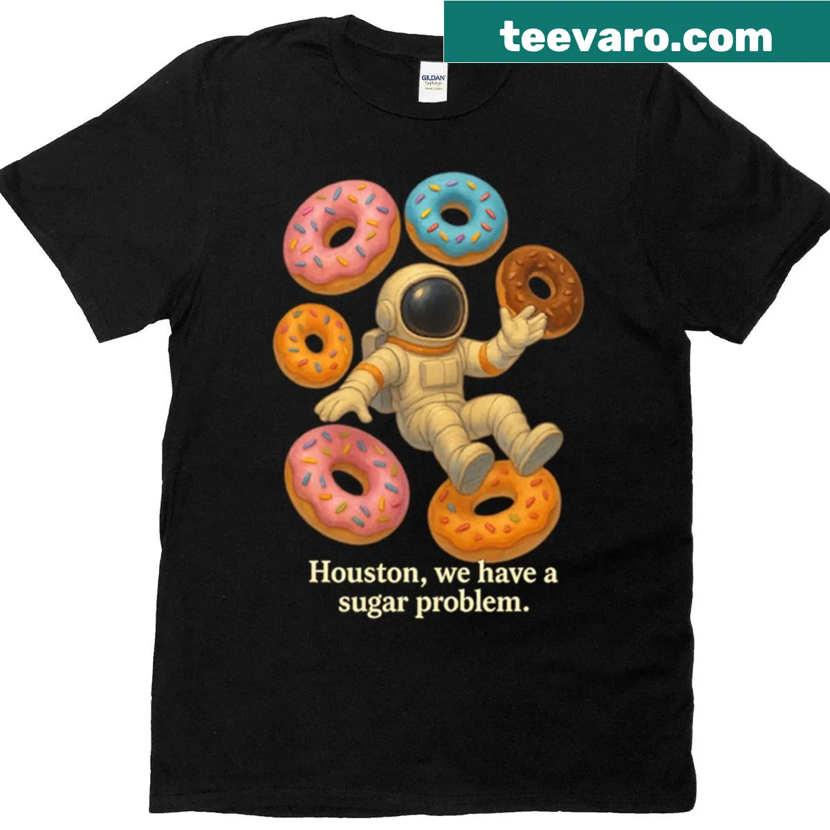 Playful T-shirt featuring an illustration of donuts in orbit — on a men's t-shirt