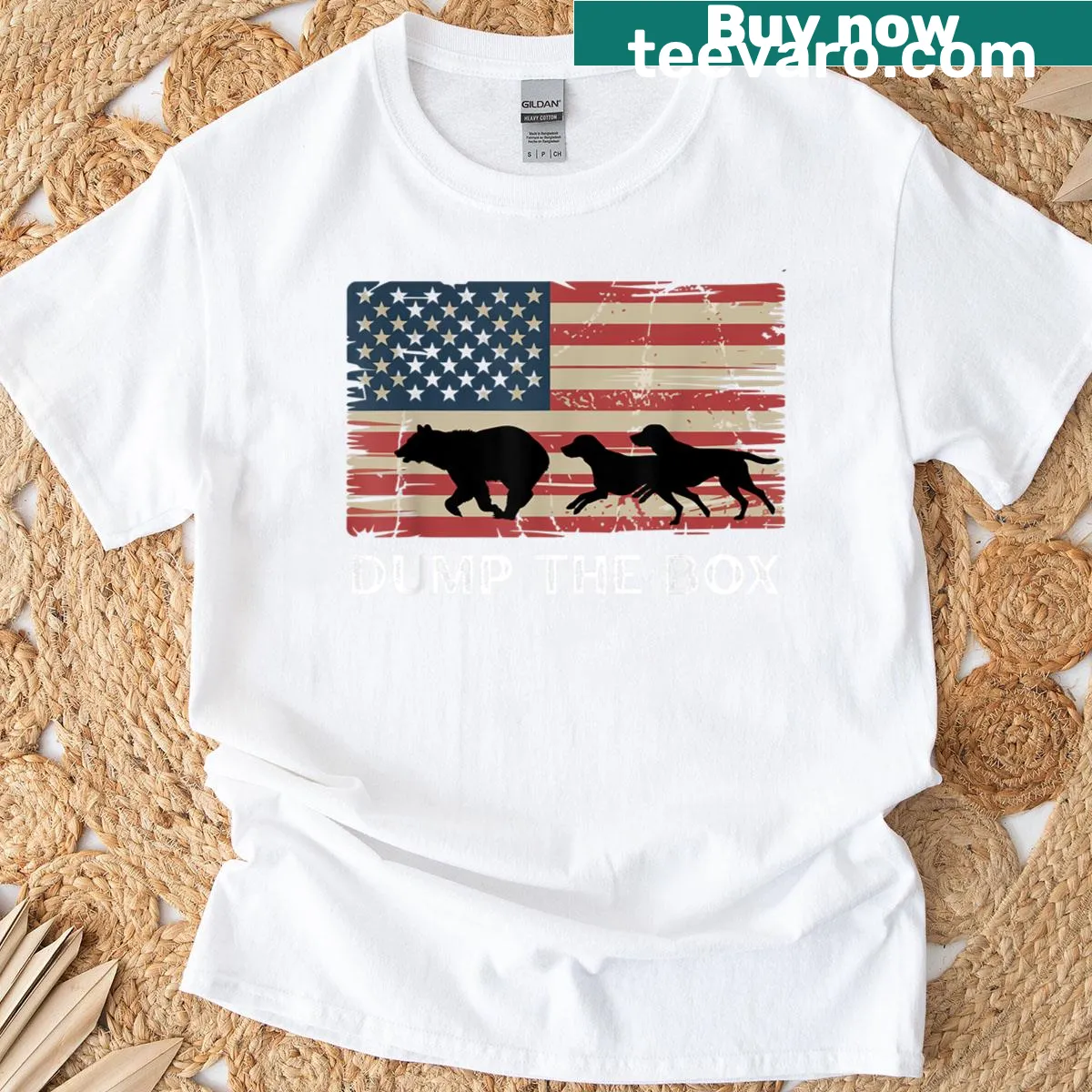 Vintage American t-shirt with bear hunting hounds graphic — on a men's t-shirt