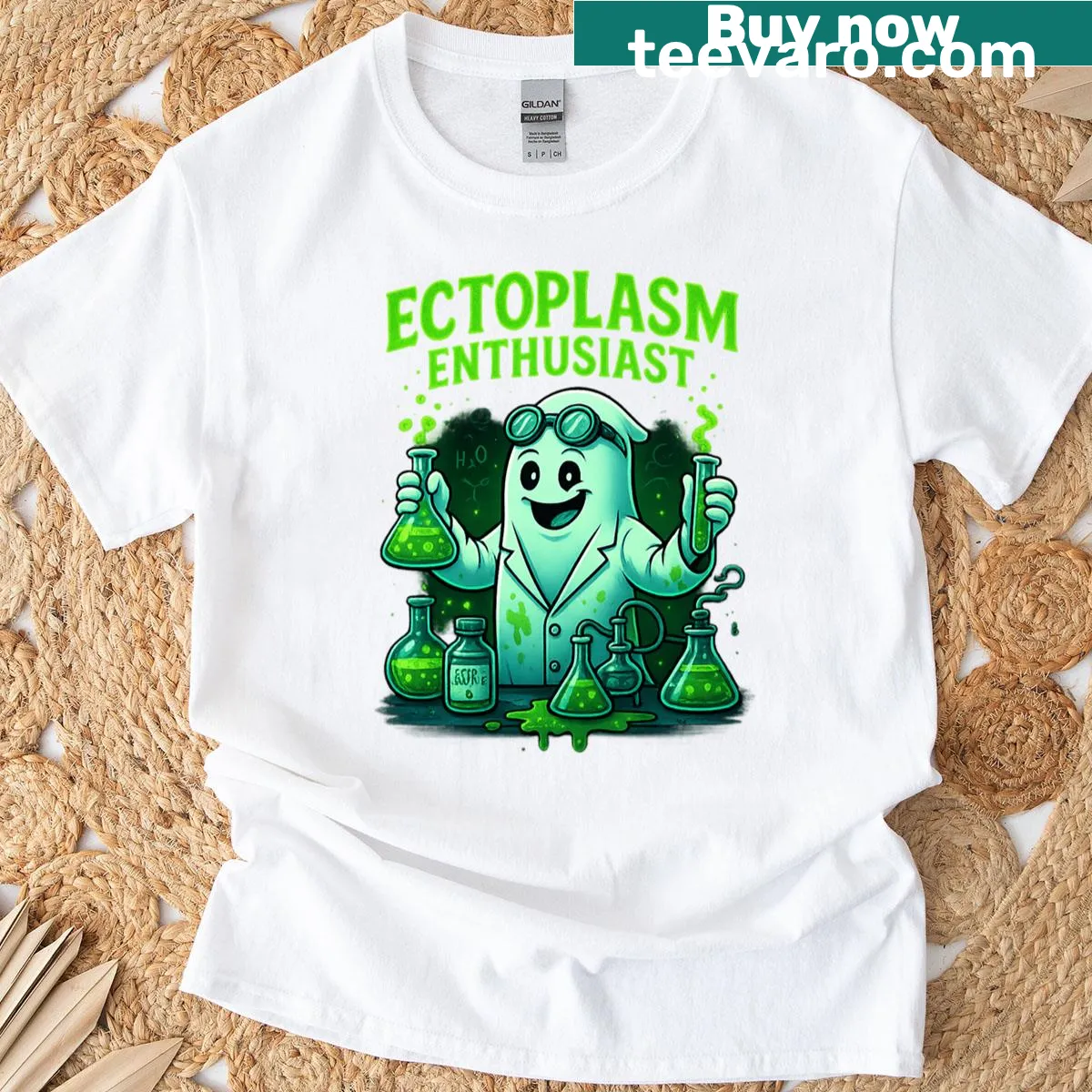 Ghost lab scientist T-shirt with ectoplasm theme — on a men's t-shirt