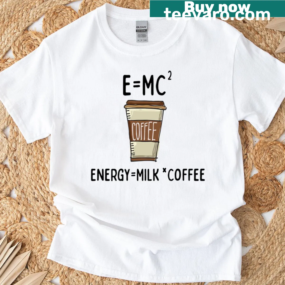 Funny science coffee T-shirt with E=mc² design — on a men's t-shirt