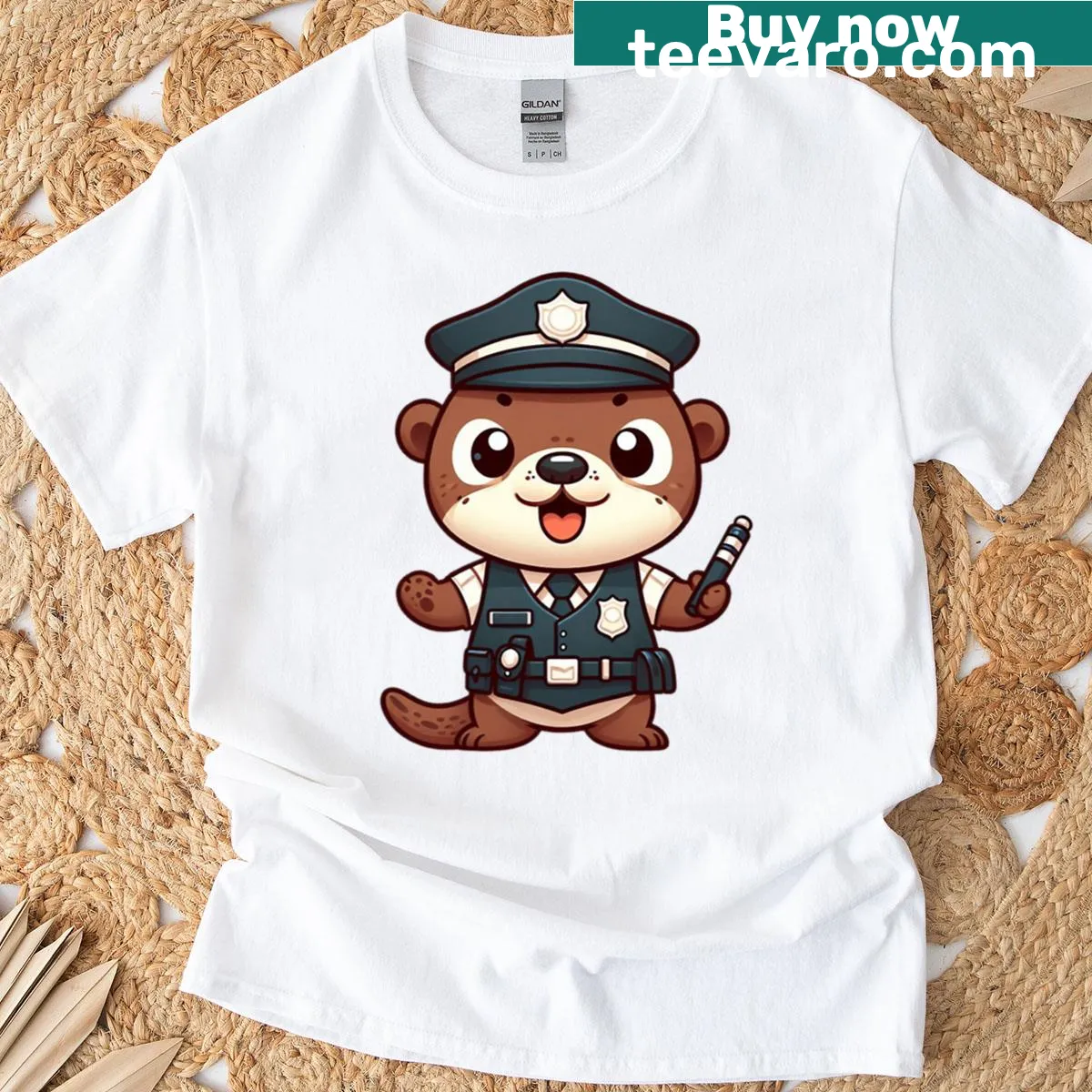 Cartoon otter police officer T-shirt featuring cute animal art — on a men's t-shirt