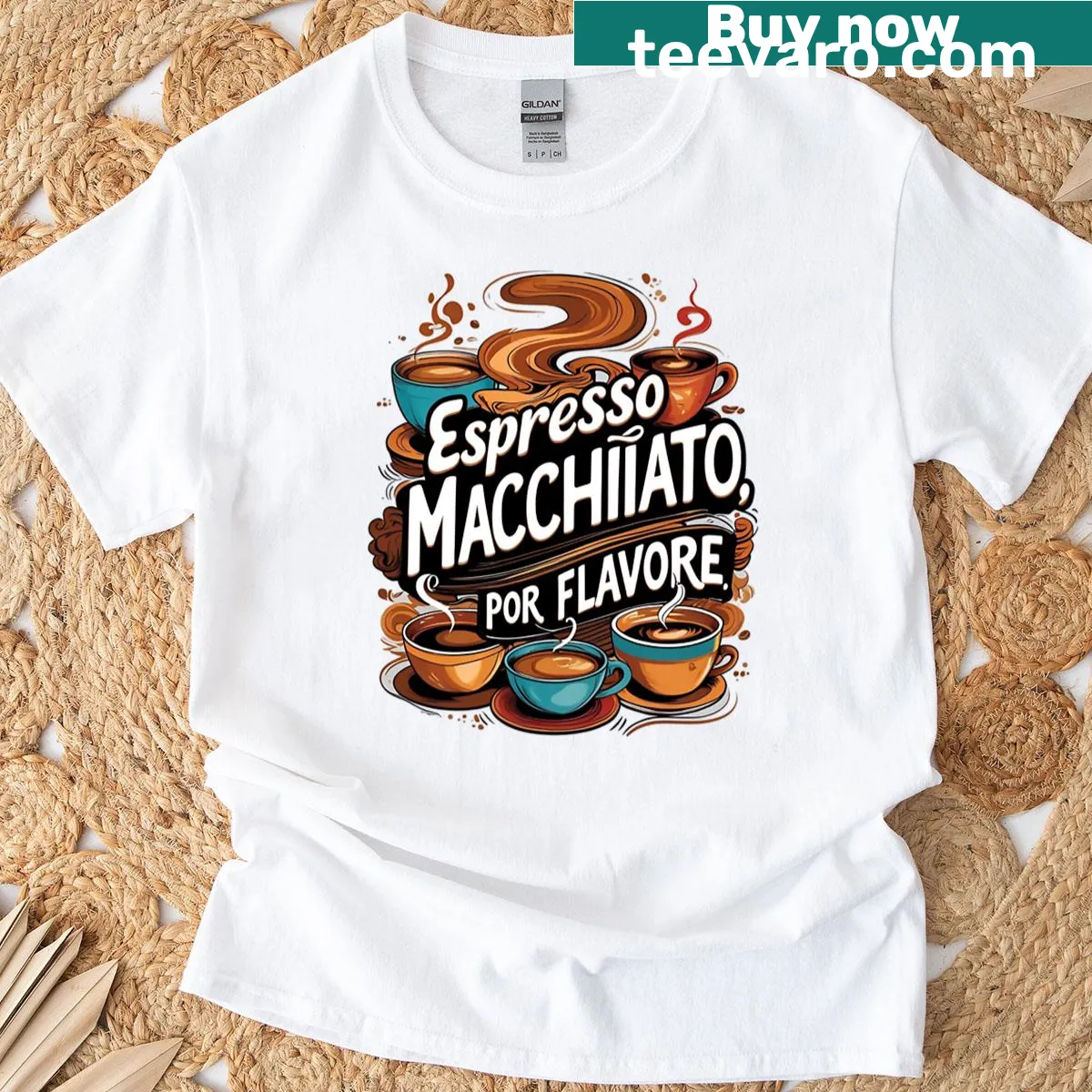 Coffee-themed T-shirt with espresso and macchiato phrase — on a men's t-shirt