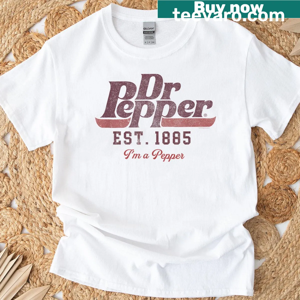 Vintage label t-shirt with 'Est 1885 I'm A Pepper' text — on a men's t-shirt