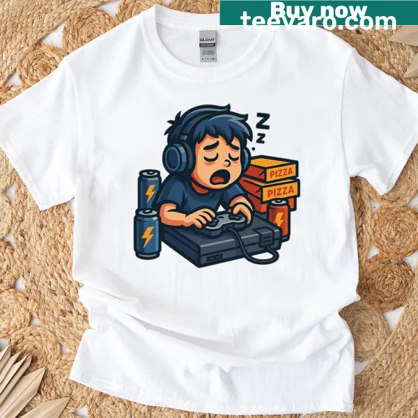 Funny cartoon gamer t-shirt with sleeping gamer and gaming snacks