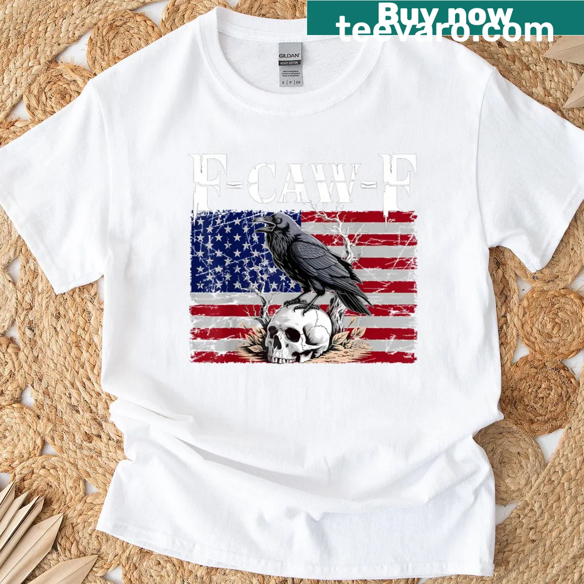 Retro t-shirt featuring black crow and USA flag design — on a men's t-shirt