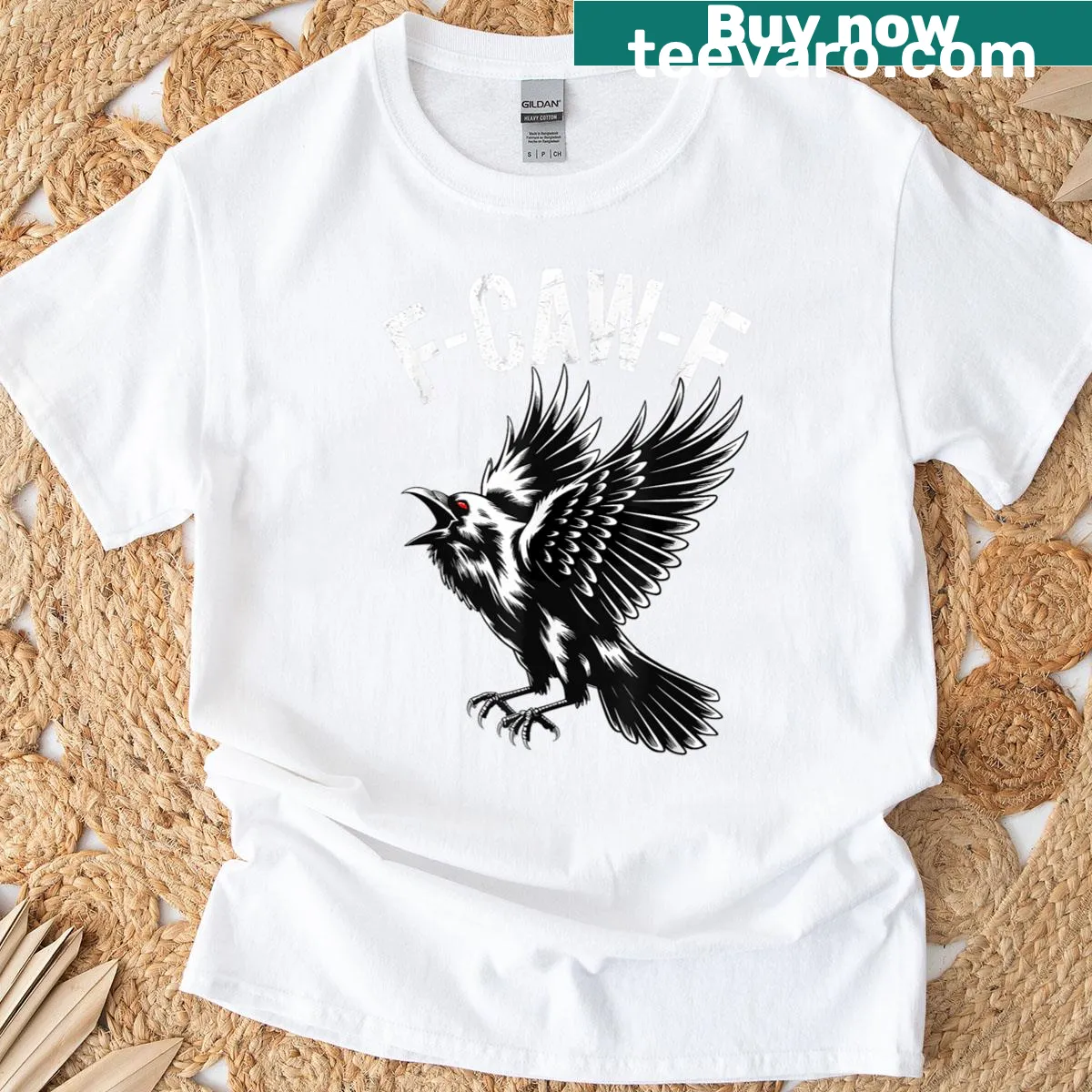 Illustration of a crow with the phrase 'F-caw-f' on a women's tee — on a men's t-shirt
