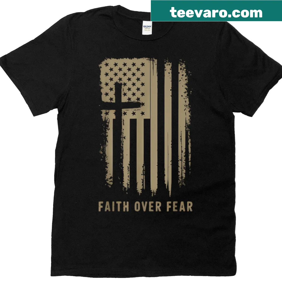 Vintage American flag T-shirt with 'Faith Over Fear Christ Is King' text. — on a men's t-shirt