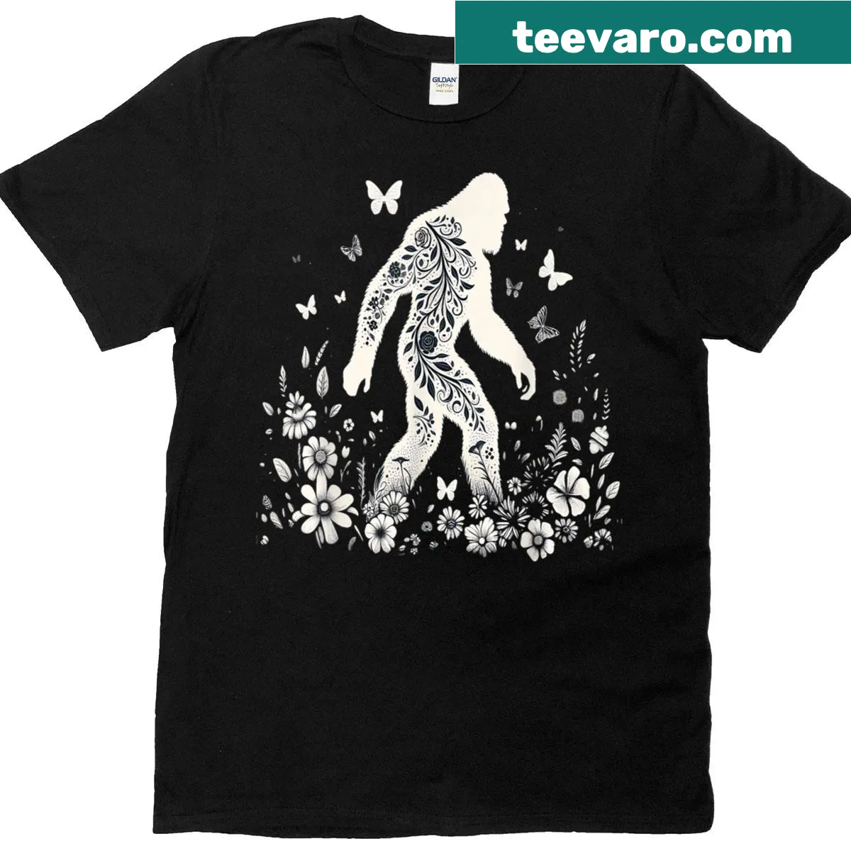 Vintage t-shirt featuring a floral Bigfoot graphic for mythical creature lovers — on a men's t-shirt