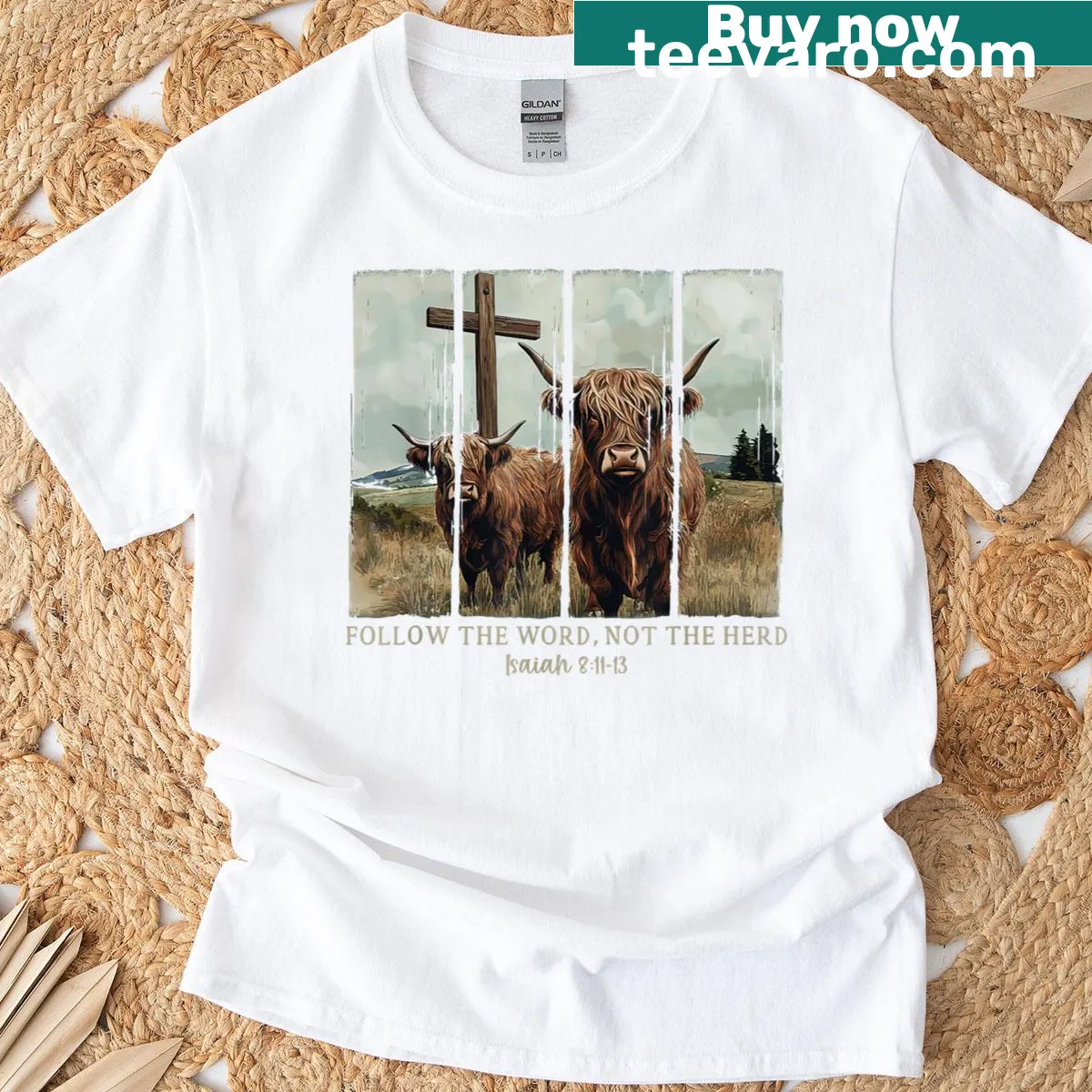 Illustration of a Highland cow with a motivational phrase — on a men's t-shirt