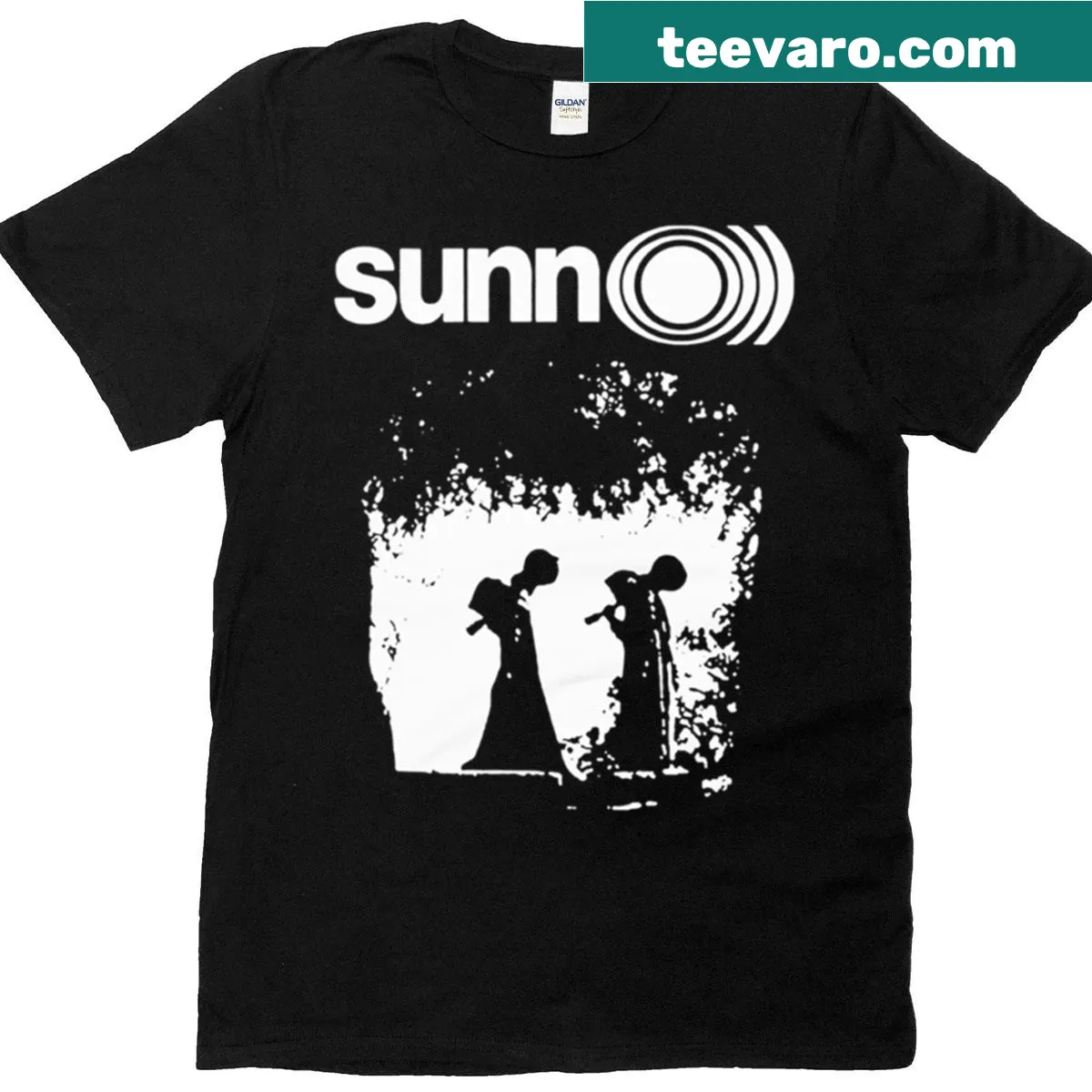Edgy vintage-style Sunn O Doom Halloween T-shirt — on a men's t-shirt