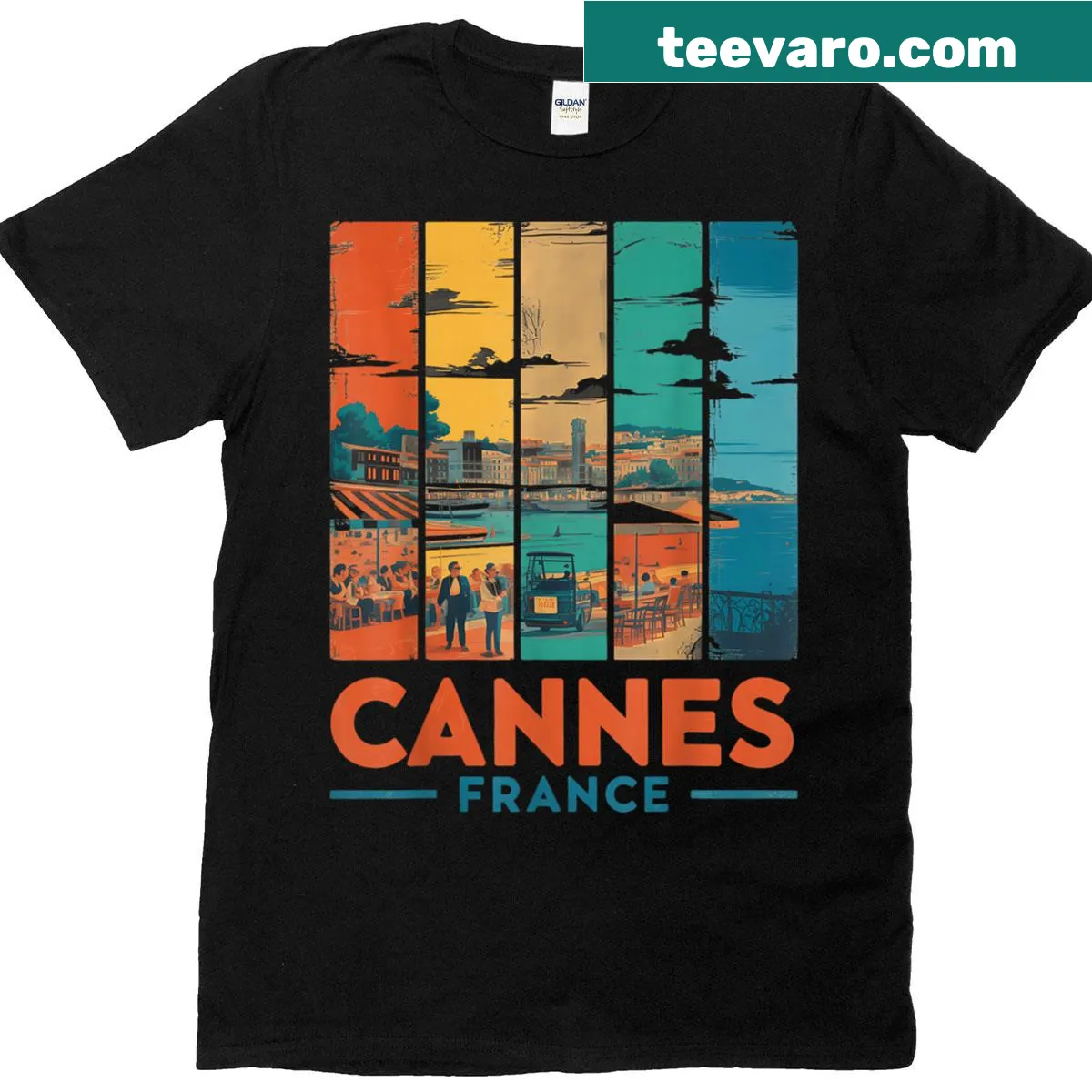 Vintage travel T-shirt featuring Cannes and beaches — on a men's t-shirt