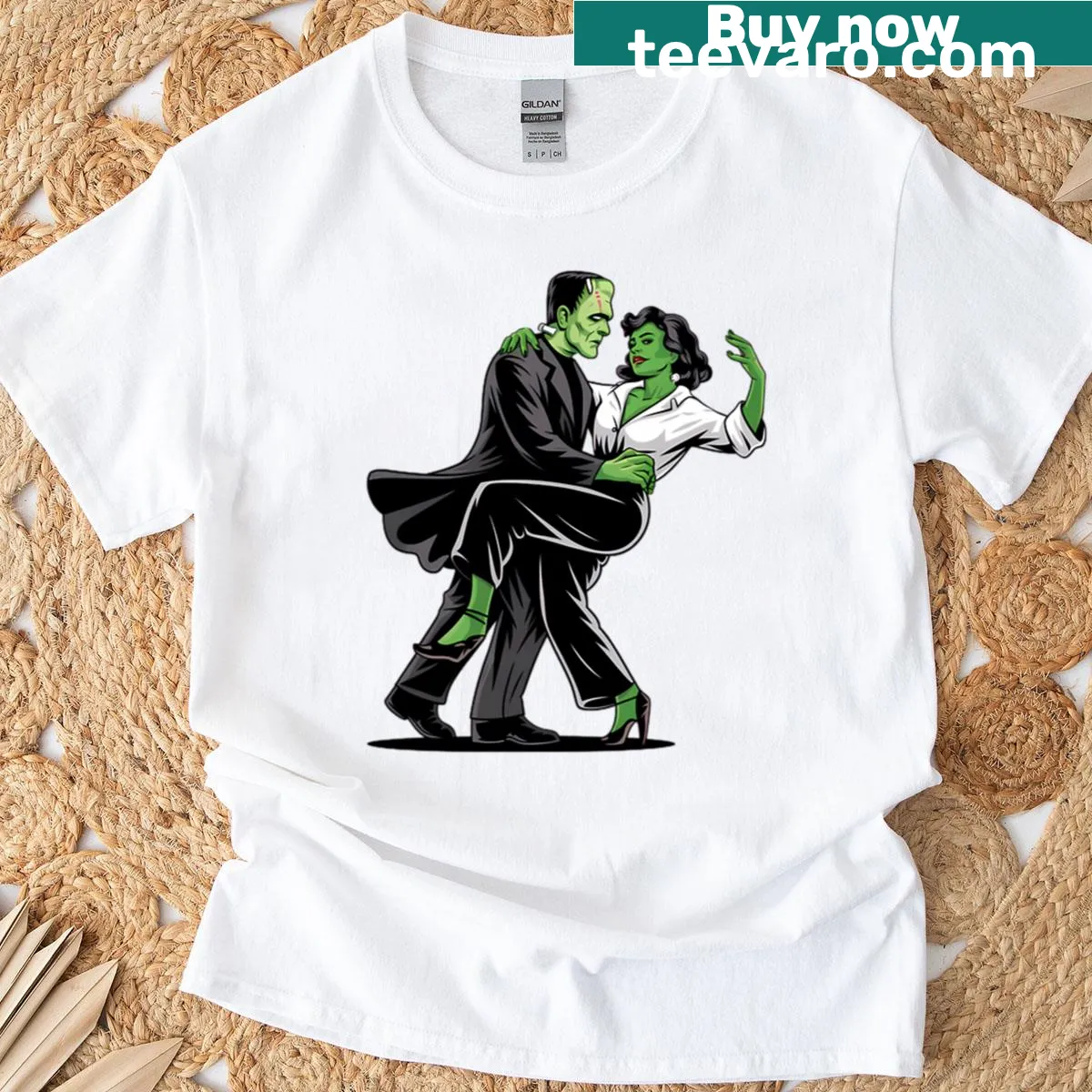 Frankenstein and bride dancing design for Halloween T-shirt — on a men's t-shirt