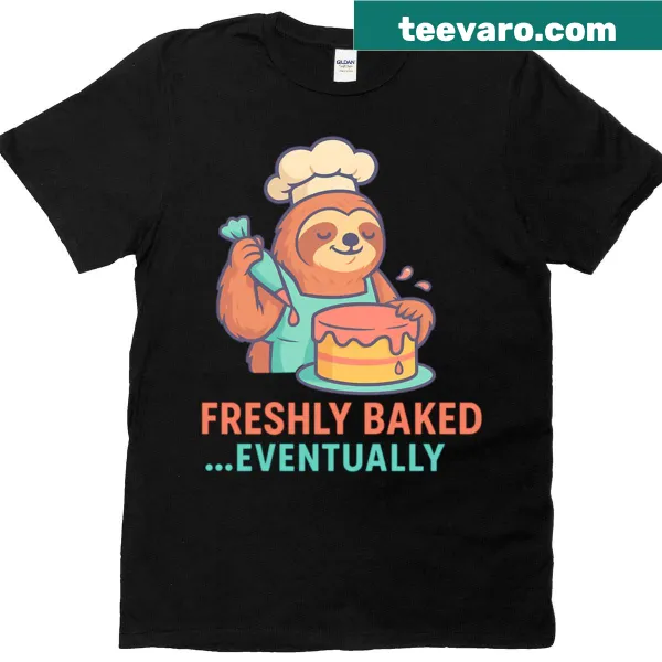 Funny sloth chef graphic on baking-themed T-shirt