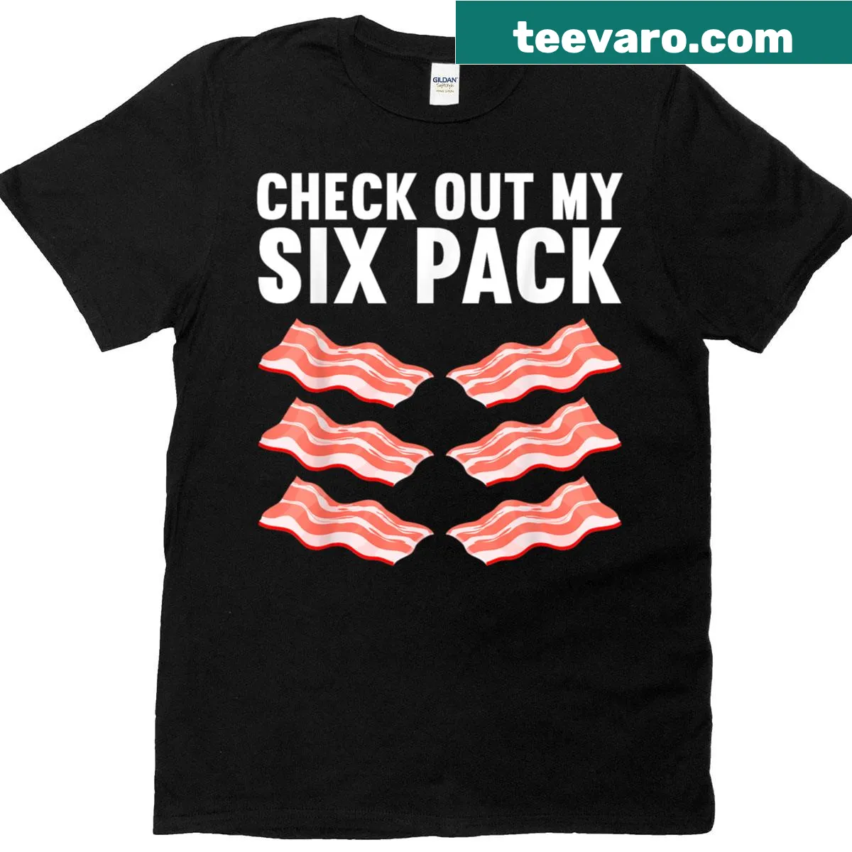 Cartoon bacon-themed t-shirt with humorous illustrations — on a men's t-shirt