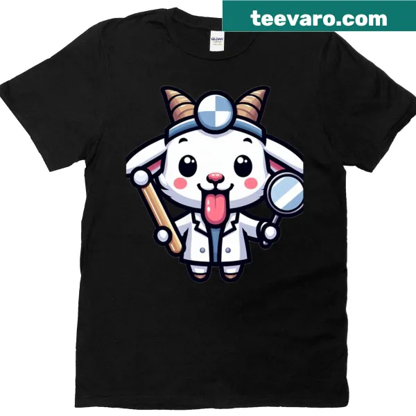 Humorous oversized T-shirt featuring a cartoon goat doctor with a head mirror.