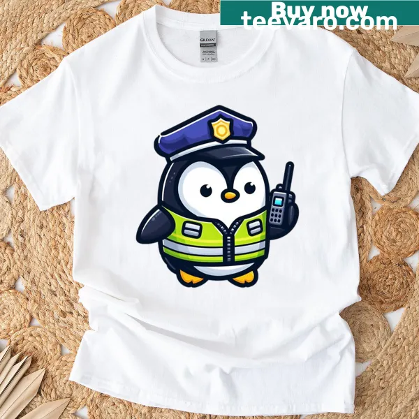 Cartoon penguin in police outfit graphic on a t-shirt