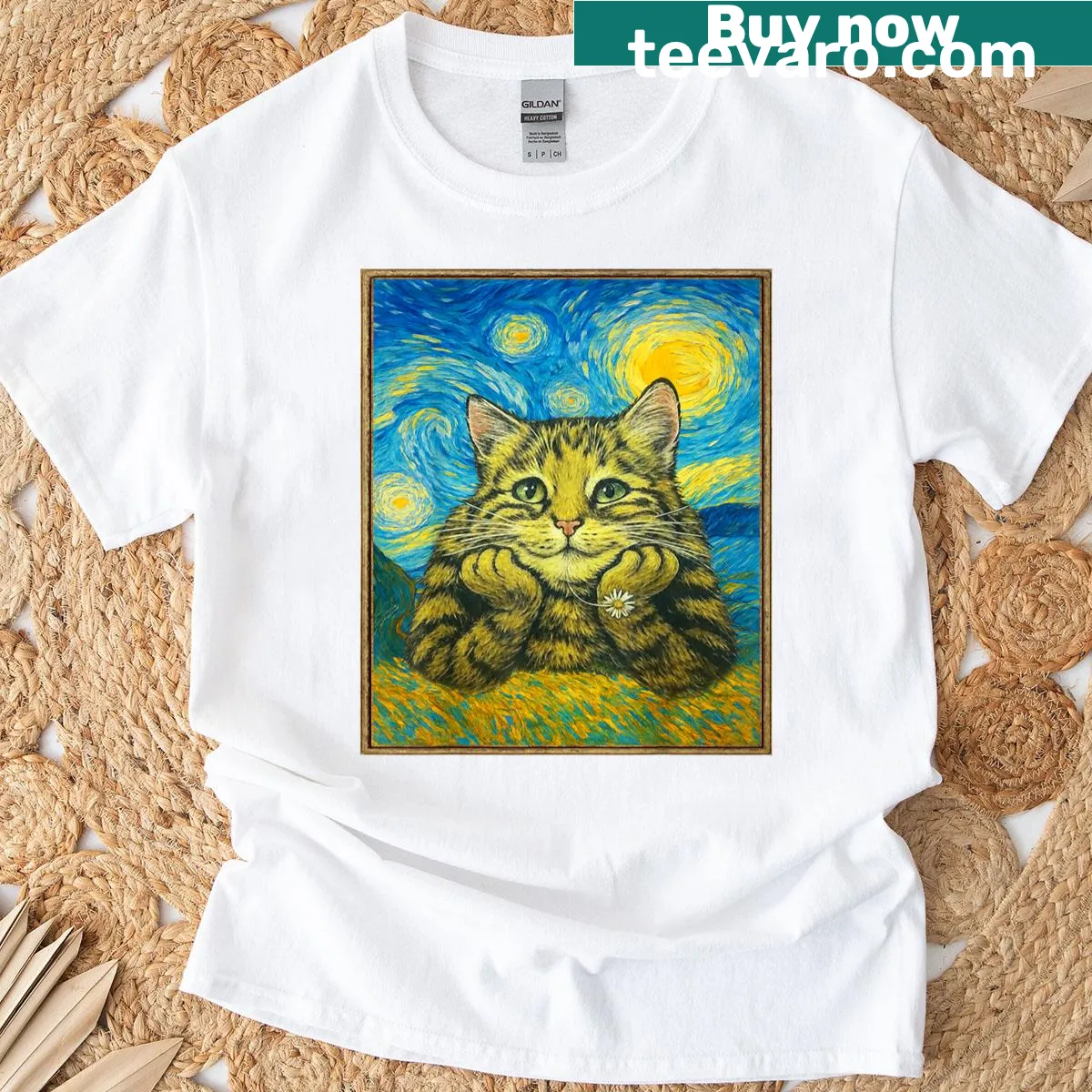 Vintage T-shirt featuring a cat graphic inspired by Starry Night. — on a men's t-shirt
