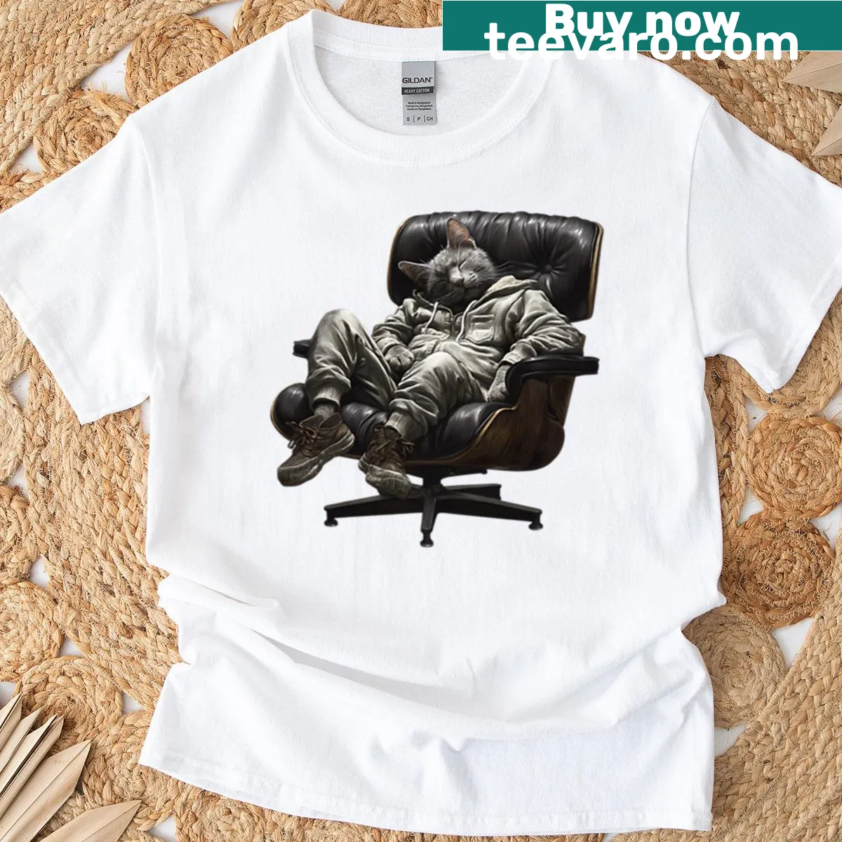 Oversized T-shirt featuring a graphic of a sleeping cat — on a men's t-shirt