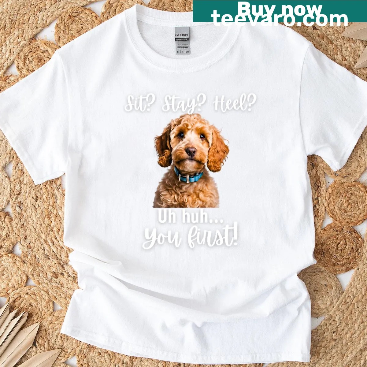 Sassy cockapoo graphic with humorous text on a T-shirt — on a men's t-shirt