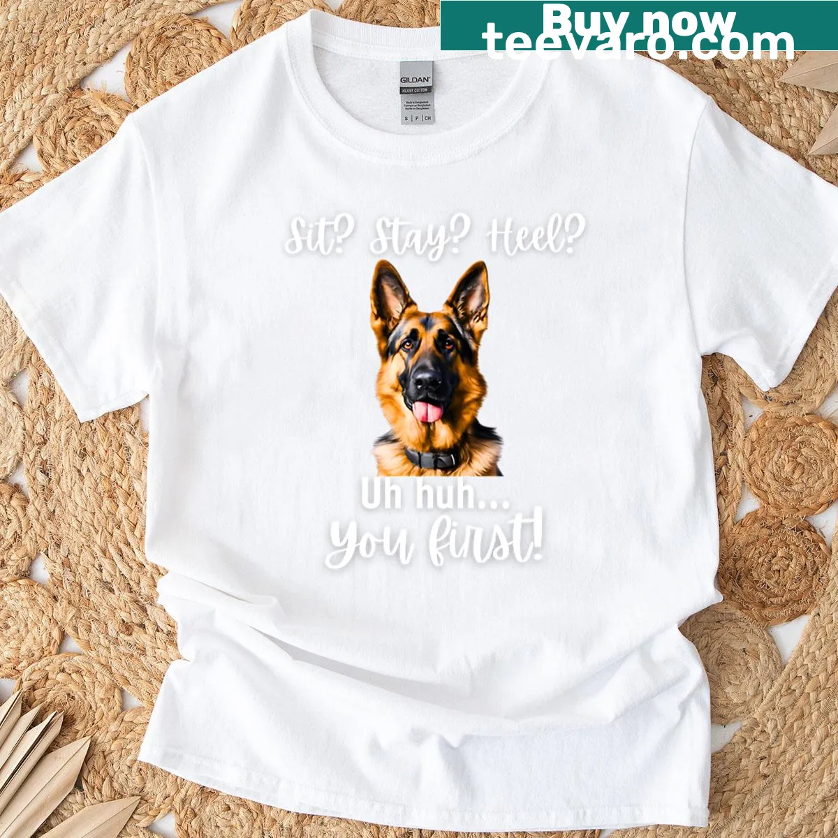 Sassy German Shepherd t-shirt with playful dog command graphics — on a men's t-shirt