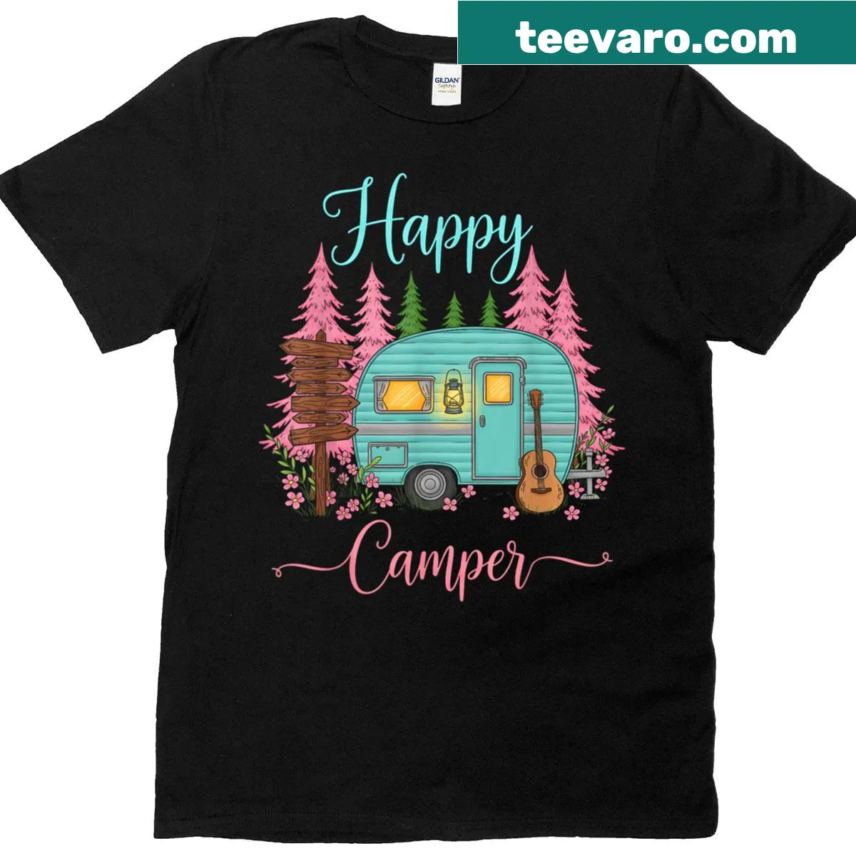 Cheerful camping t-shirt with illustrations for RV and trailer lovers — on a men's t-shirt