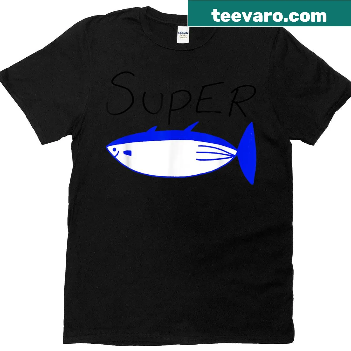 Illustrated funny tuna fish drawing on T-shirt — on a men's t-shirt