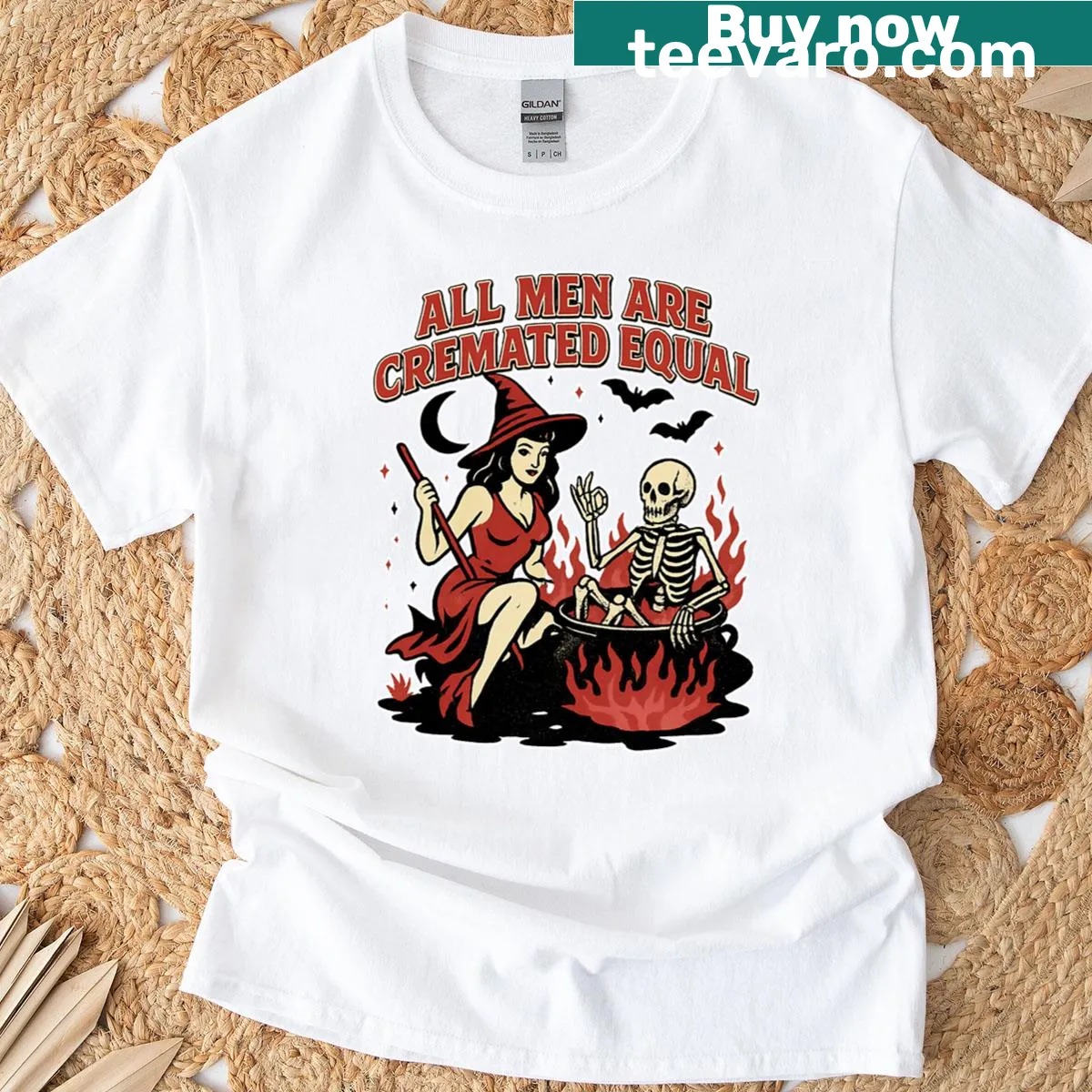 Bold witch-themed feminist Halloween graphic tee — on a men's t-shirt