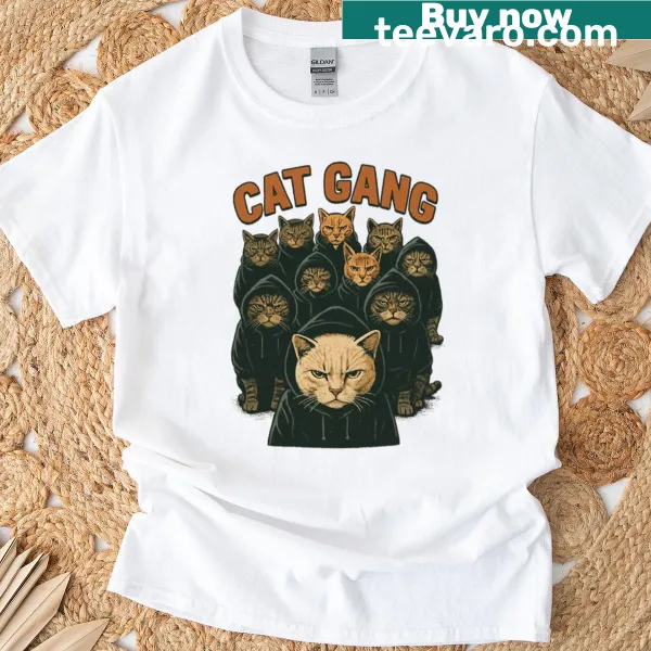 T-shirt with an illustrated cat in gangsta attire and 'Gangsta Meow Crew' text