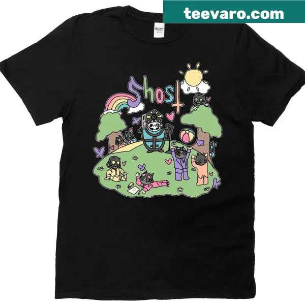 Whimsical rainbow ghost band graphic on a t-shirt
