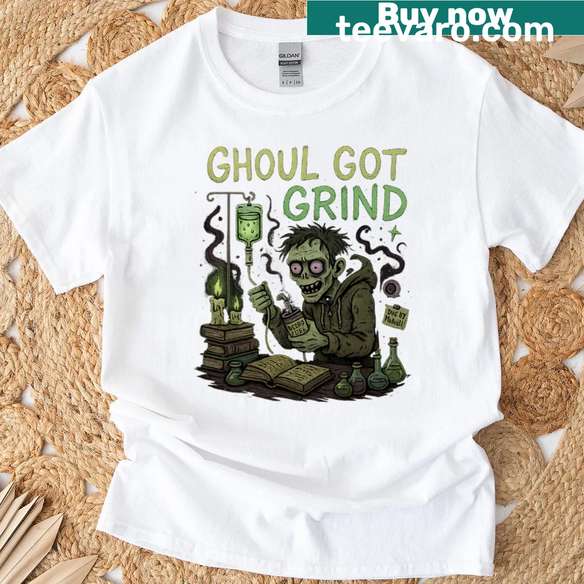 Funny horror-themed student t-shirt featuring a zombie and books — on a men's t-shirt