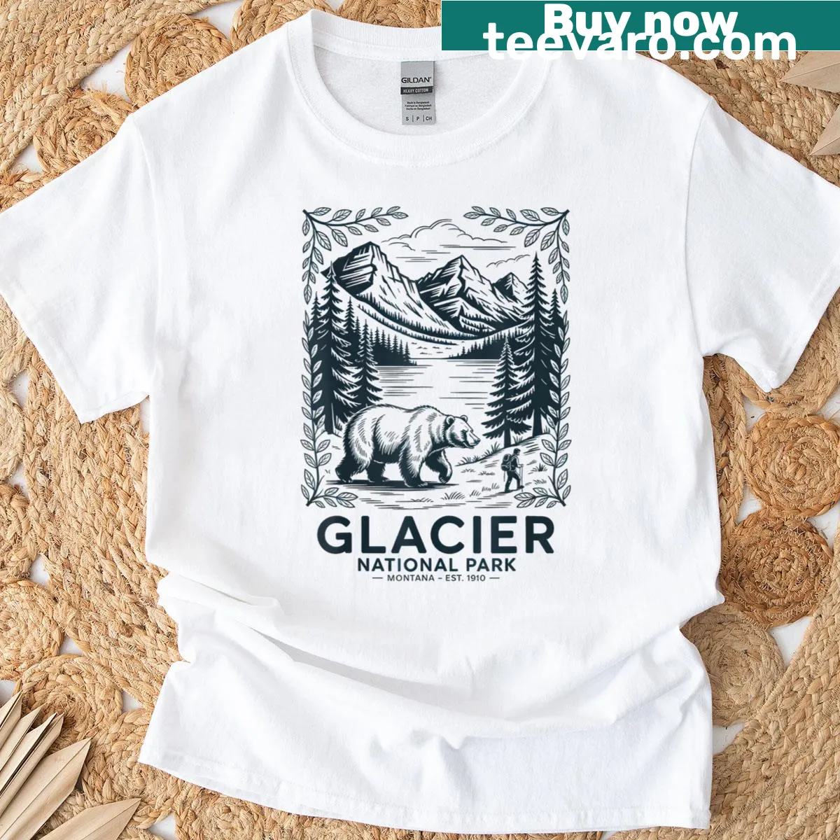 Vintage Glacier National Park t-shirt with distressed text — on a men's t-shirt
