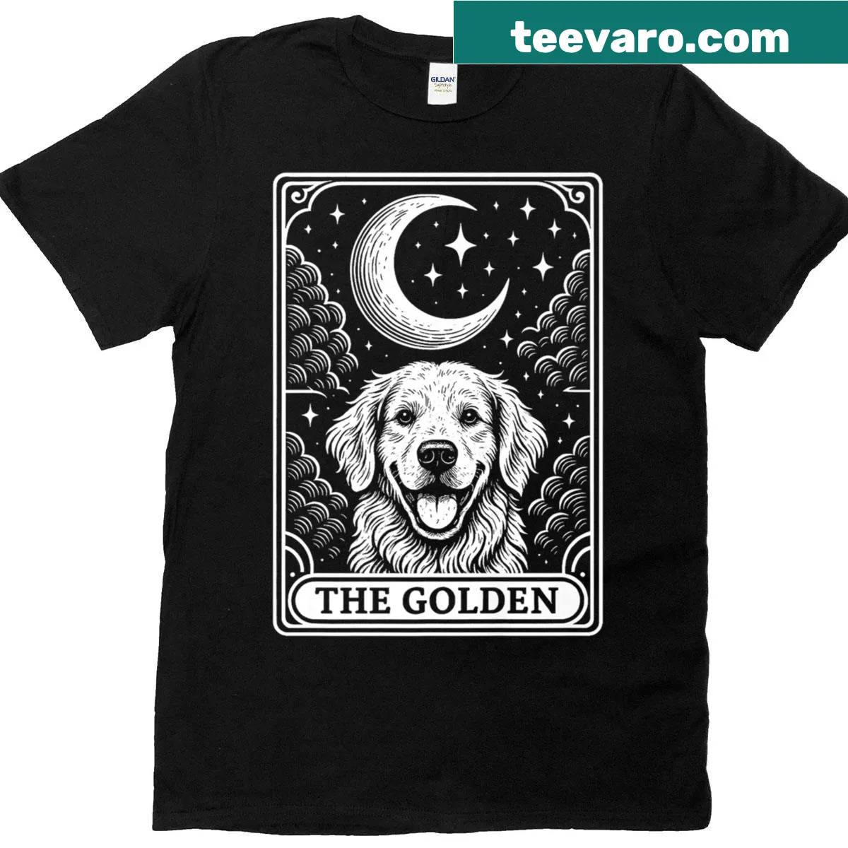 Vintage tarot card T-shirt with a Golden Retriever and crescent moon design — on a men's t-shirt